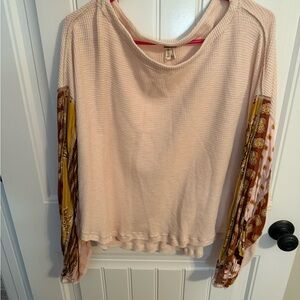Free People Pink Waffle Knit Top with Patterned Sleeves